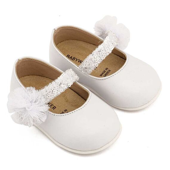Babywalker Γοβάκι Μονή Μπαρέτα Διακοσμημένο με Τρέσα και Τούλινο Πον Πον PRI2657 Λευκό - Βαπτιστικό Παπούτσι για Κορίτσι στο Oneirokosmos