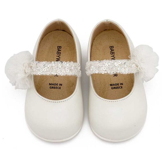 Babywalker Γοβάκι Μονή Μπαρέτα Διακοσμημένο με Τρέσα και Τούλινο Πον Πον PRI2657 Λευκό - Βαπτιστικό Παπούτσι για Κορίτσι στο Oneirokosmos