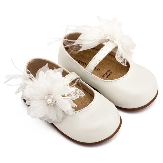 Babywalker Γοβάκι Μονή Μπαρέτα Χειροποίητο Λουλούδι με Πούπουλα PRI2658 Εκρού - Βαπτιστικό Παπούτσι για Κορίτσι στο Oneirokosmos