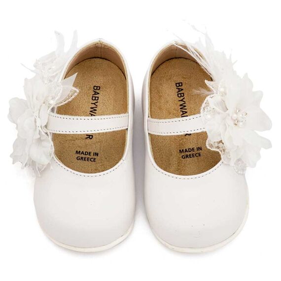 Babywalker Γοβάκι Μονή Μπαρέτα Χειροποίητο Λουλούδι με Πούπουλα PRI2658 Λευκό - Βαπτιστικό Παπούτσι για Κορίτσι στο Oneirokosmos