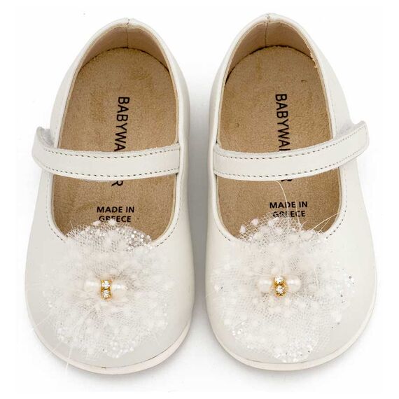 Babywalker Γοβάκι Μονή Μπαρέτα Χειροποίητο Διακοσμητικό απο Τούλι PRI2660 Εκρού - Βαπτιστικό Παπούτσι για Κορίτσι στο Oneirokosmos