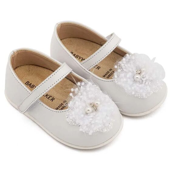 Babywalker Γοβάκι Μονή Μπαρέτα Χειροποίητο Διακοσμητικό απο Τούλι PRI2660 Λευκό - Βαπτιστικό Παπούτσι για Κορίτσι στο Oneirokosmos