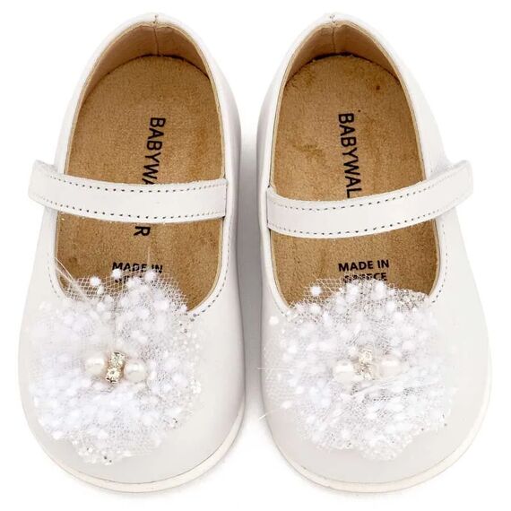 Babywalker Γοβάκι Μονή Μπαρέτα Χειροποίητο Διακοσμητικό απο Τούλι PRI2660 Λευκό - Βαπτιστικό Παπούτσι για Κορίτσι στο Oneirokosmos