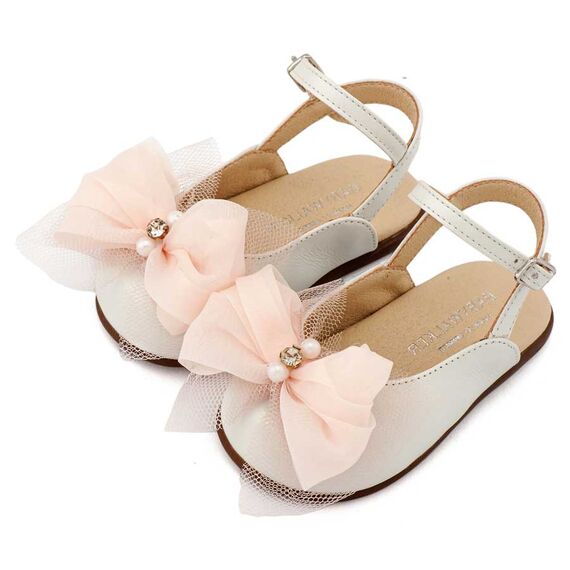 Babywalker Γαλλικό Σαμπό Διακοσμημένο με Φιόγκο Οργάντζας και Στρας PRI2661 Εκρού - Βαπτιστικό Παπούτσι για Κορίτσι στο Oneirokosmos