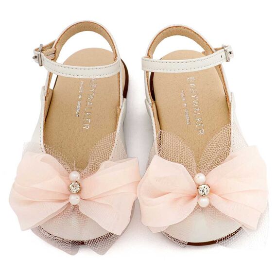 Babywalker Γαλλικό Σαμπό Διακοσμημένο με Φιόγκο Οργάντζας και Στρας PRI2661 Εκρού Ροζ - Βαπτιστικό Παπούτσι για Κορίτσι στο Oneirokosmos