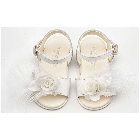 Babywalker Πέδιλο Διακοσμημένο με Χειροποίητο Λουλούδι με Πούπουλα PRI2662 Λευκό - Βαπτιστικό Παπούτσι για Κορίτσι στο Oneirokosmos