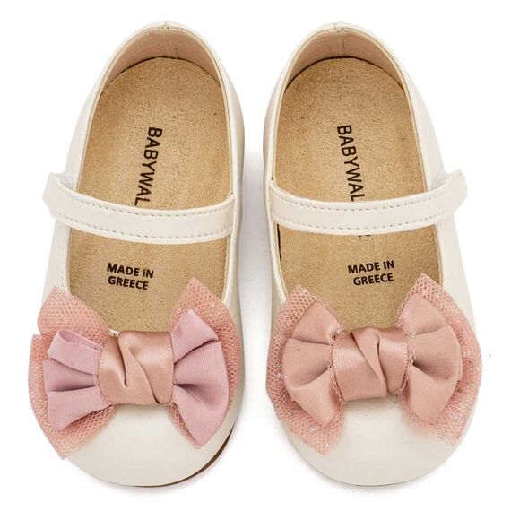 Babywalker Γοβάκι Μονή Μπαρέτα Διακοσμημένη με Φιόγκο BS3599 Εκρού Ροζ - Βαπτιστικό Παπούτσι για Κορίτσι στο Oneirokosmos