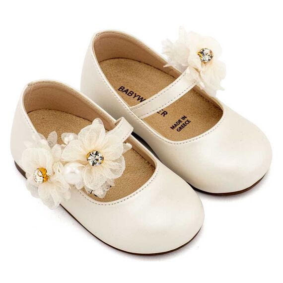 Babywalker Γοβάκι Μονή Μπαρέτα με Διακοσμητικό Οργάντζας BS3604 Εκρού - Βαπτιστικό Παπούτσι για Κορίτσι στο Oneirokosmos