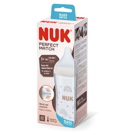 Nuk Perfect Match Γυάλινο Μπιμπερό με Δείκτη Ελέγχου Θερμοκρασίας Με Θηλή Σιλικόνης 3+m 230ml 10212009 - Μπιμπερό στο Oneirokosmos