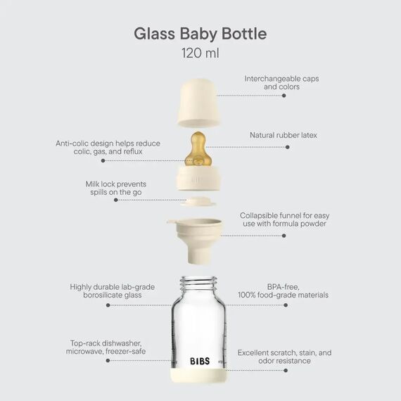 BIBS Μπιμπερό Γυάλινο με Latex Θηλή Ivory 120ml 5019216 - Μπιμπερό στο Oneirokosmos