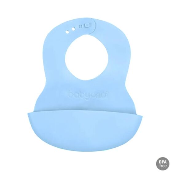 BabyOno σαλιάρα σιλικόνης 6m+ με θήκη περισυλλογής τροφής Blue BN835/05 - Σαλιάρες Πλαστικές - Σιλικόνης στο Oneirokosmos