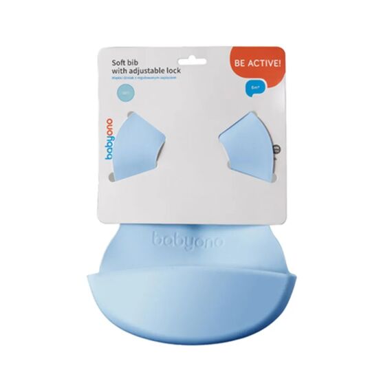 BabyOno σαλιάρα σιλικόνης 6m+ με θήκη περισυλλογής τροφής Blue BN835/05 - Σαλιάρες Πλαστικές - Σιλικόνης στο Oneirokosmos