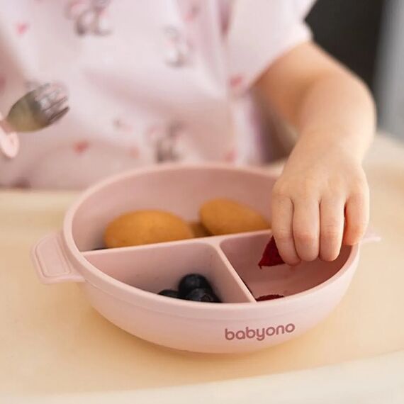 Babyono Πιάτο σιλικόνης με 3 θέσεις, καπάκι & βάση με βεντούζα Ροζ  BN1661/02 - Σετ Φαγητού, Μπολάκια, Πιατάκια Φαγητού στο Oneirokosmos