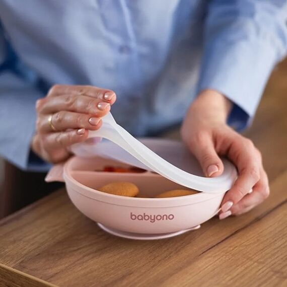 Babyono Πιάτο σιλικόνης με 3 θέσεις, καπάκι & βάση με βεντούζα Ροζ  BN1661/02 - Σετ Φαγητού, Μπολάκια, Πιατάκια Φαγητού στο Oneirokosmos